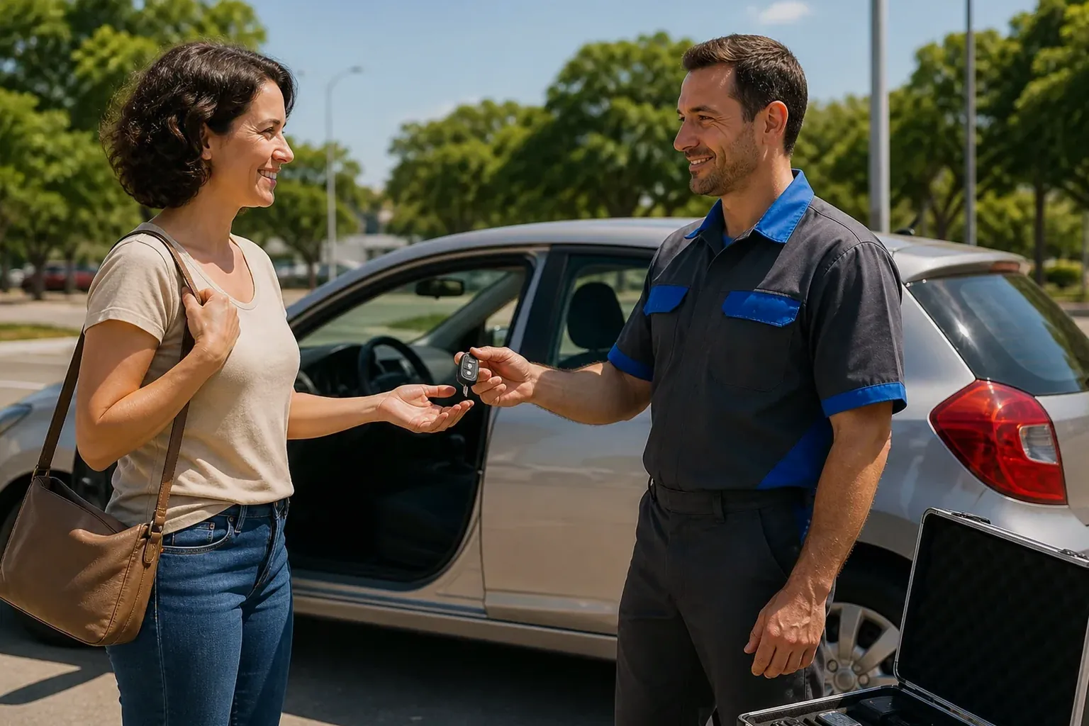 Profissional de chaveiro abrindo um carro em Cotia.